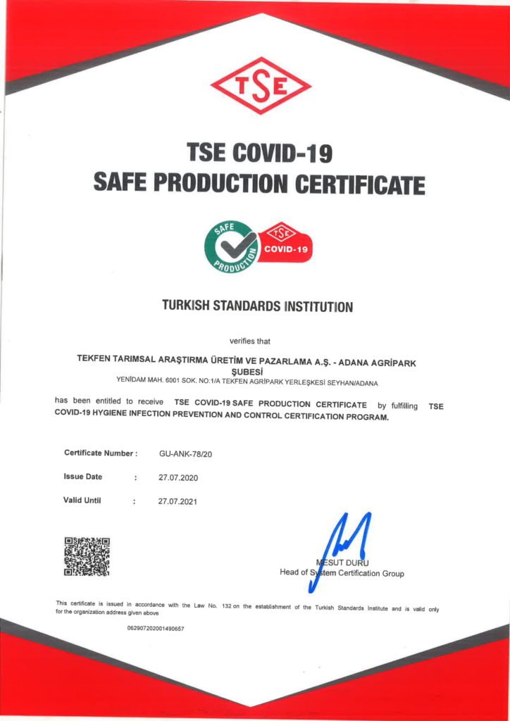 Tekfen Tarim TSE COVID-19 Guvenli uretim Sertifikasi